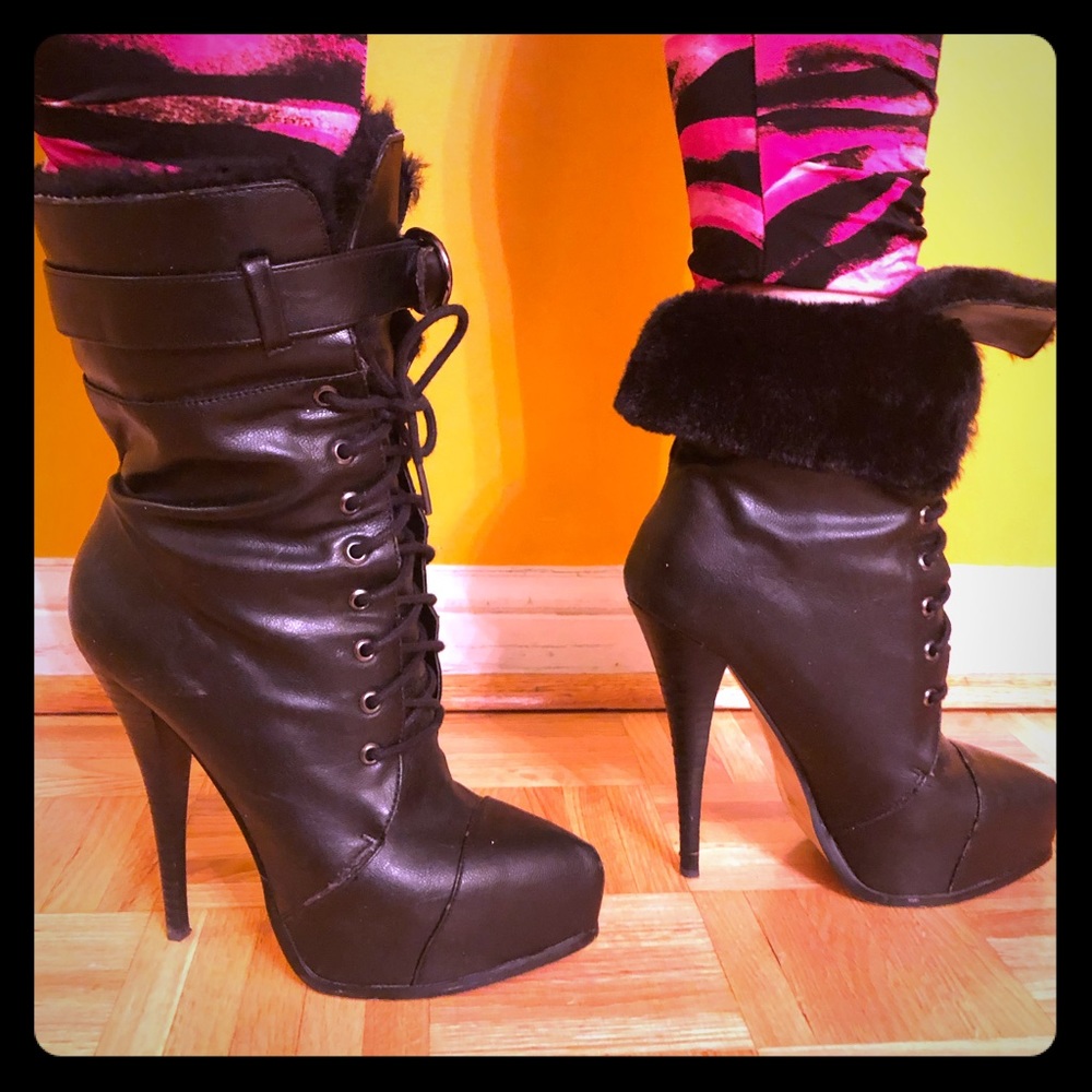 Leather black faux fur platform heel boots - Picture 1 of 5